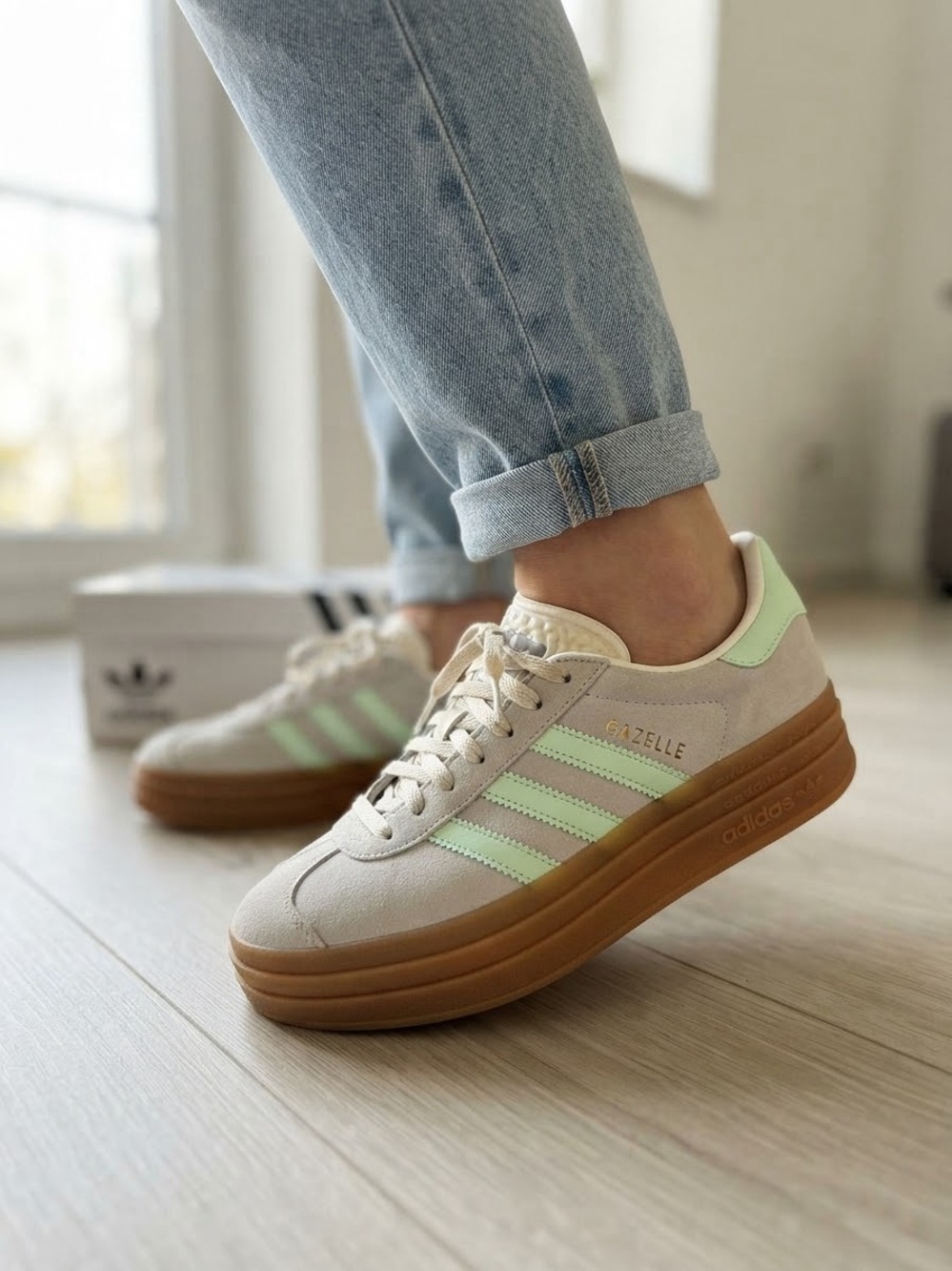 NWOT Adidas Gazelle Bold Grey Mint Gum Sole Platform Sneakers Sz 7